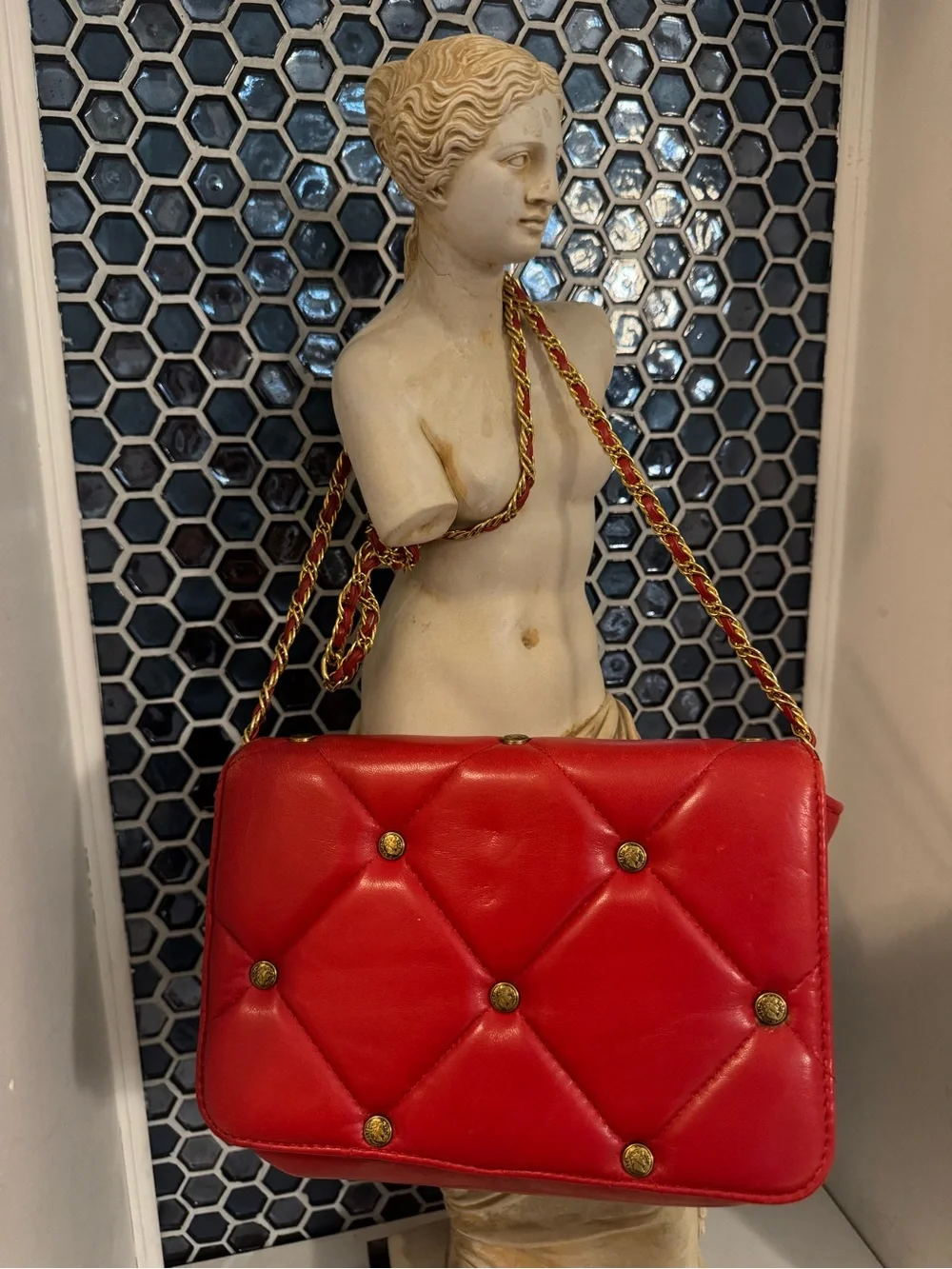 Vintage L.J. Simone Red Quilted Shoulder Bag with Greco-Roman Coin accents